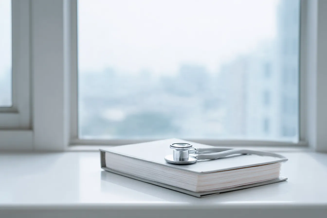A stethoscope resting on a closed white binder on a bright windowsill