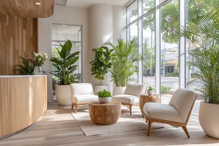 A calm, bright modern medical clinic reception area with palms visible through tall windows in morning light