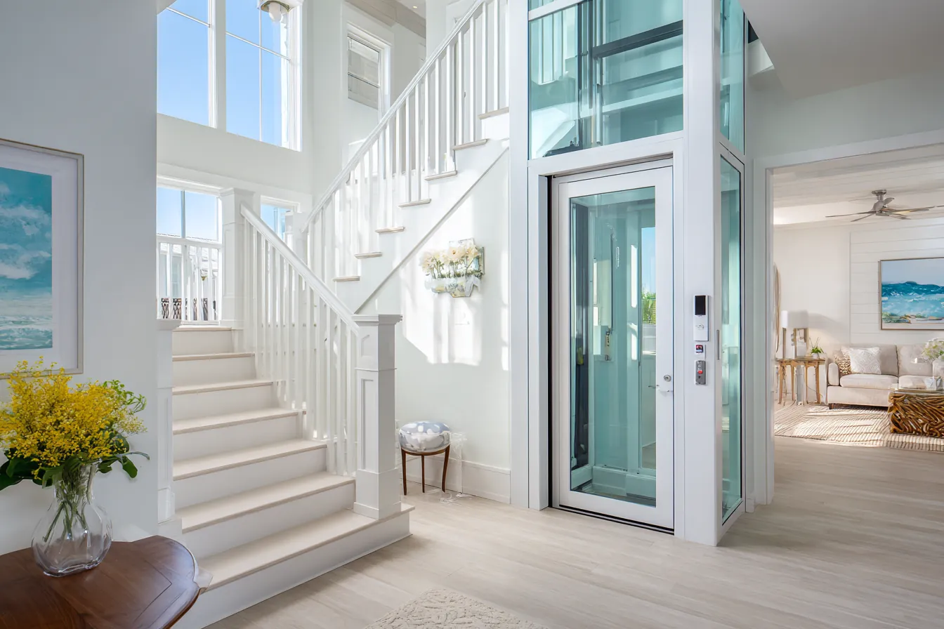 A glass-door residential elevator beside a white staircase in a bright two-story foyer