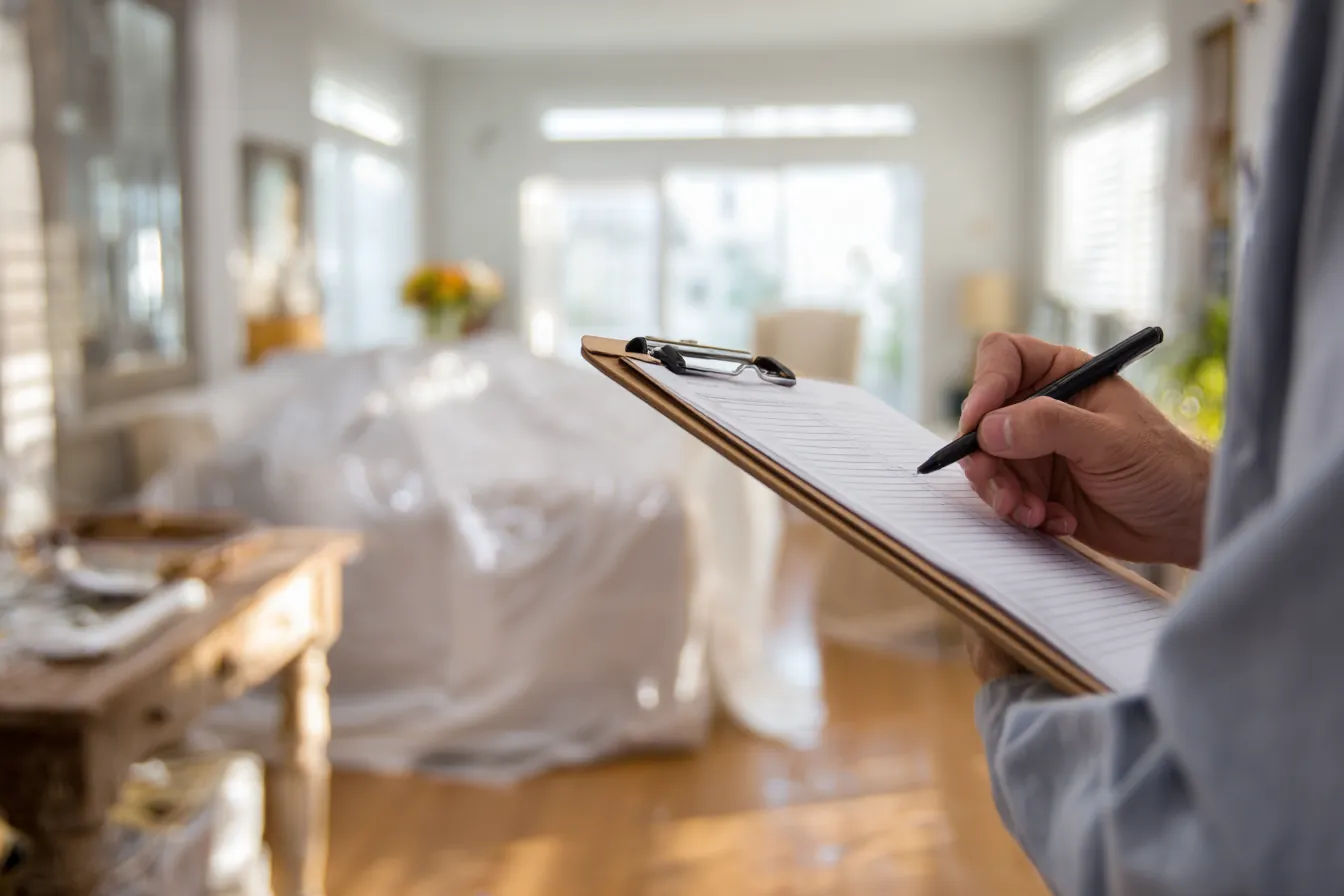 Inspector hands on a clipboard checklist in a closed-up home with covered furniture