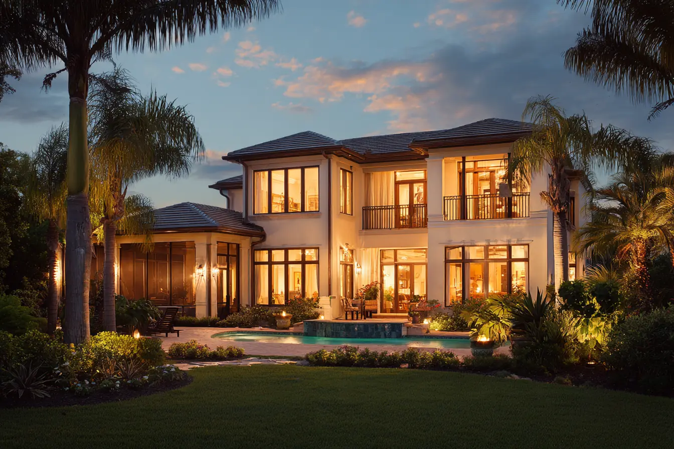 A two-story Southwest Florida home at golden hour, warm windows, a screened pool cage and palms around it
