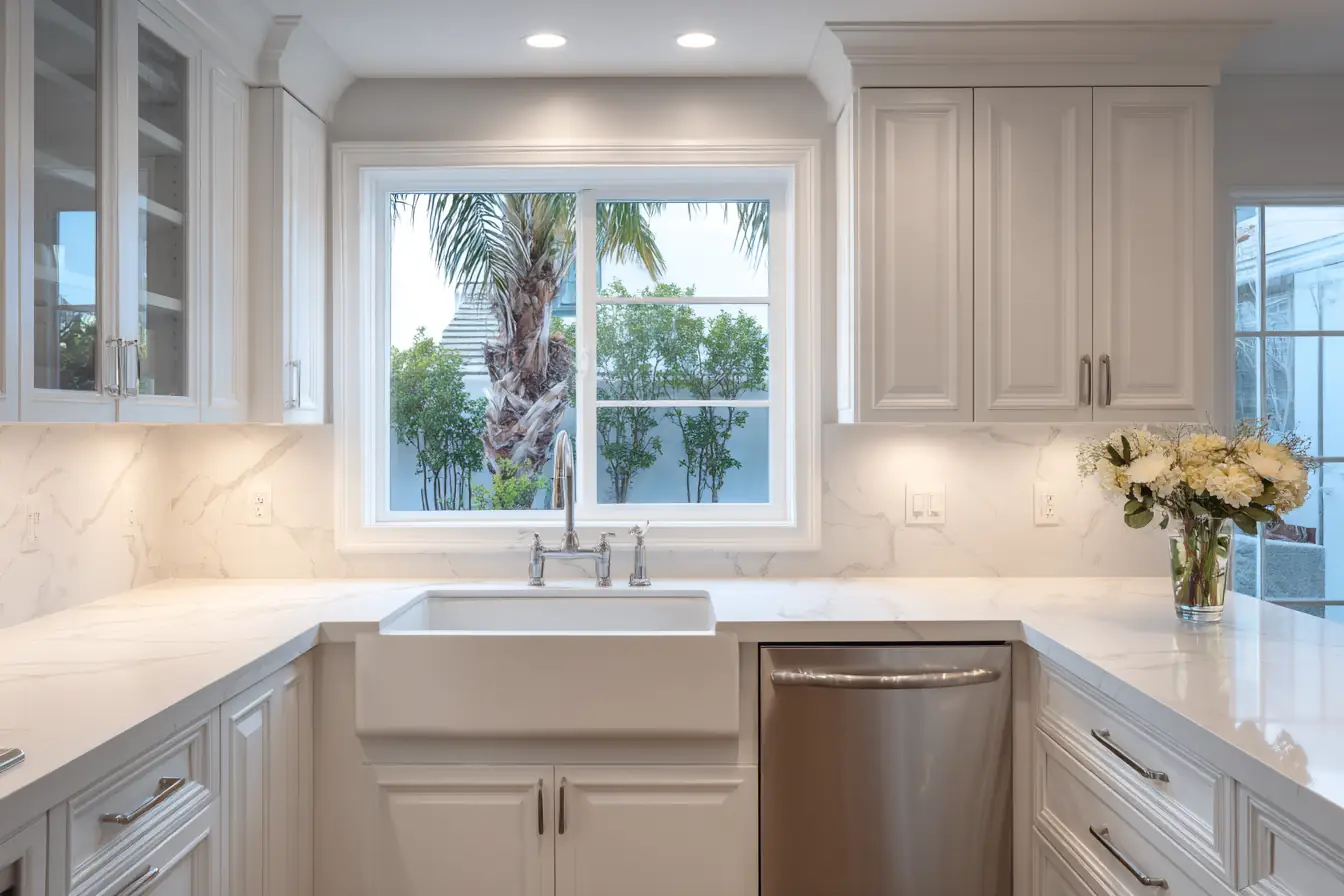A bright remodeled kitchen with white cabinets, a quartz counter and a window over the sink onto palms