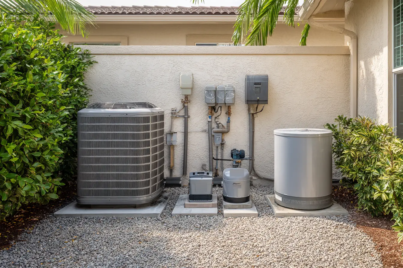 The side yard of a Southwest Florida home, an air conditioning condenser, compact equipment units and a tank on concrete pads along a stucco wall
