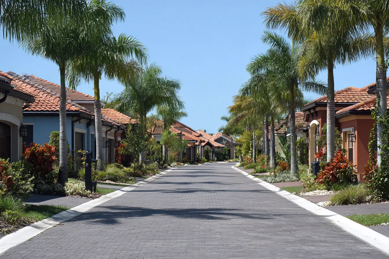 A quiet Southwest Florida street of tile-roofed homes at midday, palms along the sidewalk
