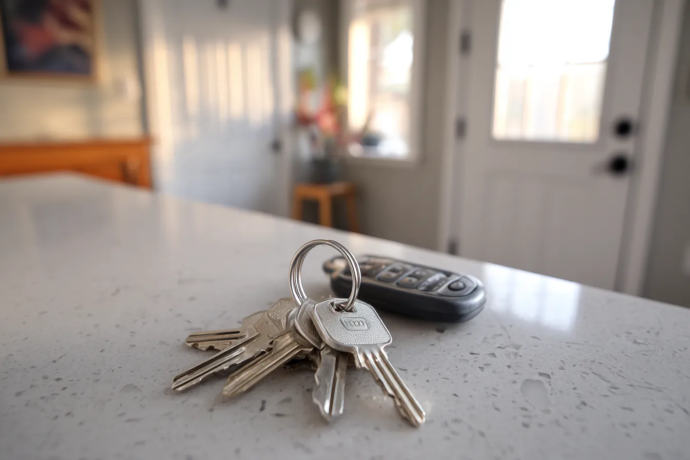 A ring of house keys and a remote on a white kitchen counter, a closed front door softly out of focus behind