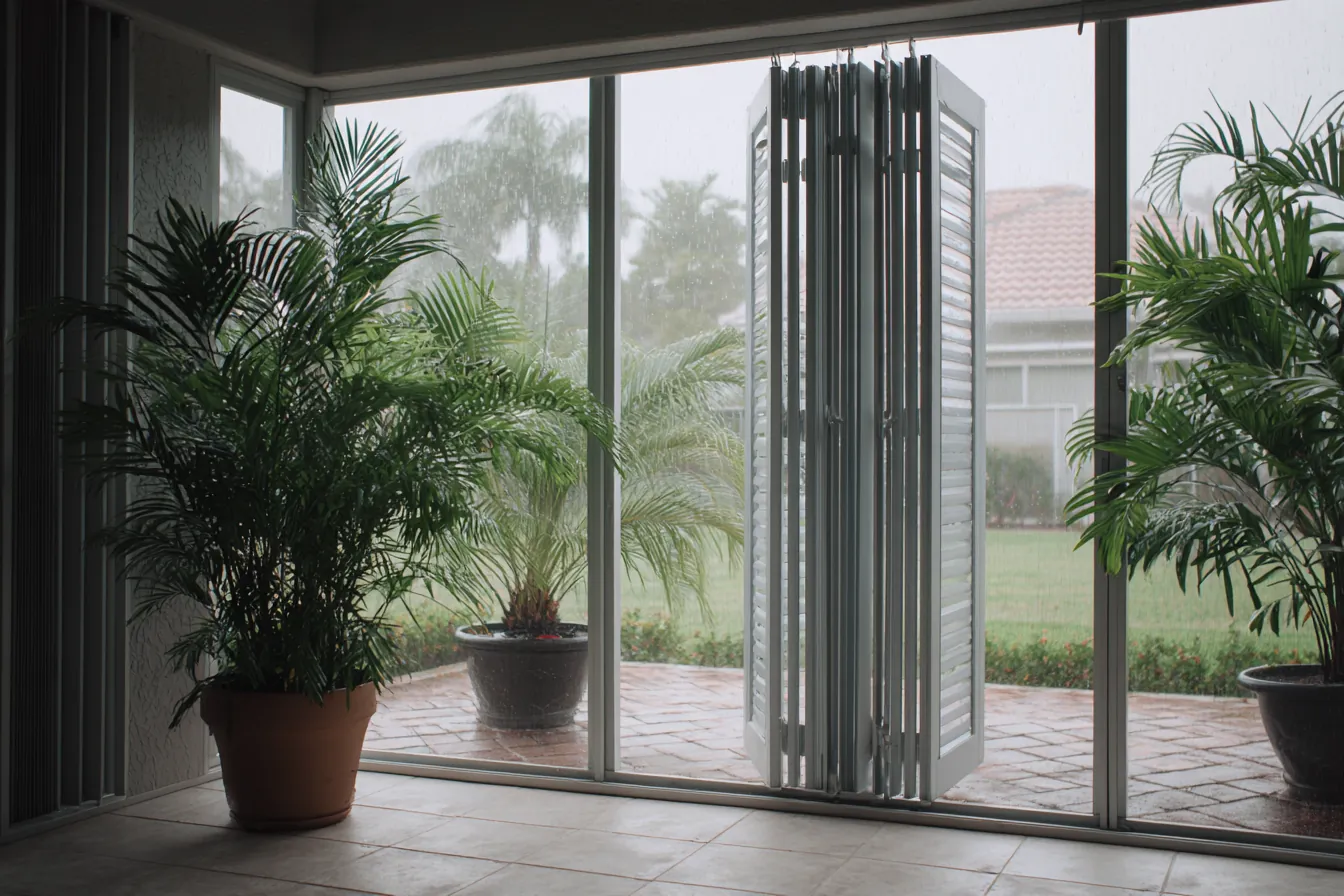 Accordion storm shutters folded open beside the sliding glass doors of a lanai, palms and a gray sky beyond