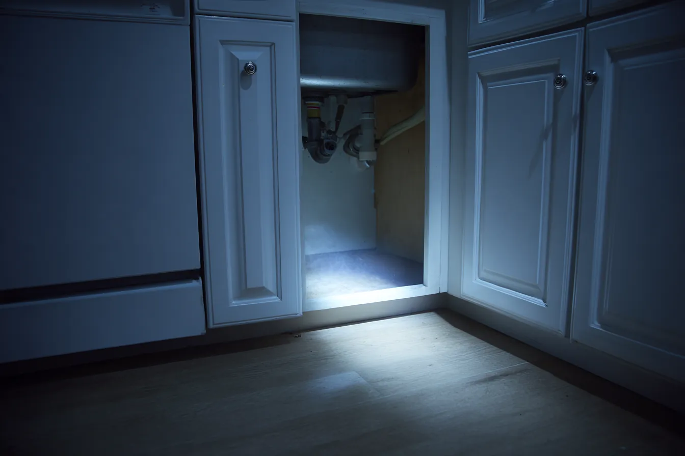 A flashlight beam shining into an open cabinet under a kitchen sink, the supply lines dry