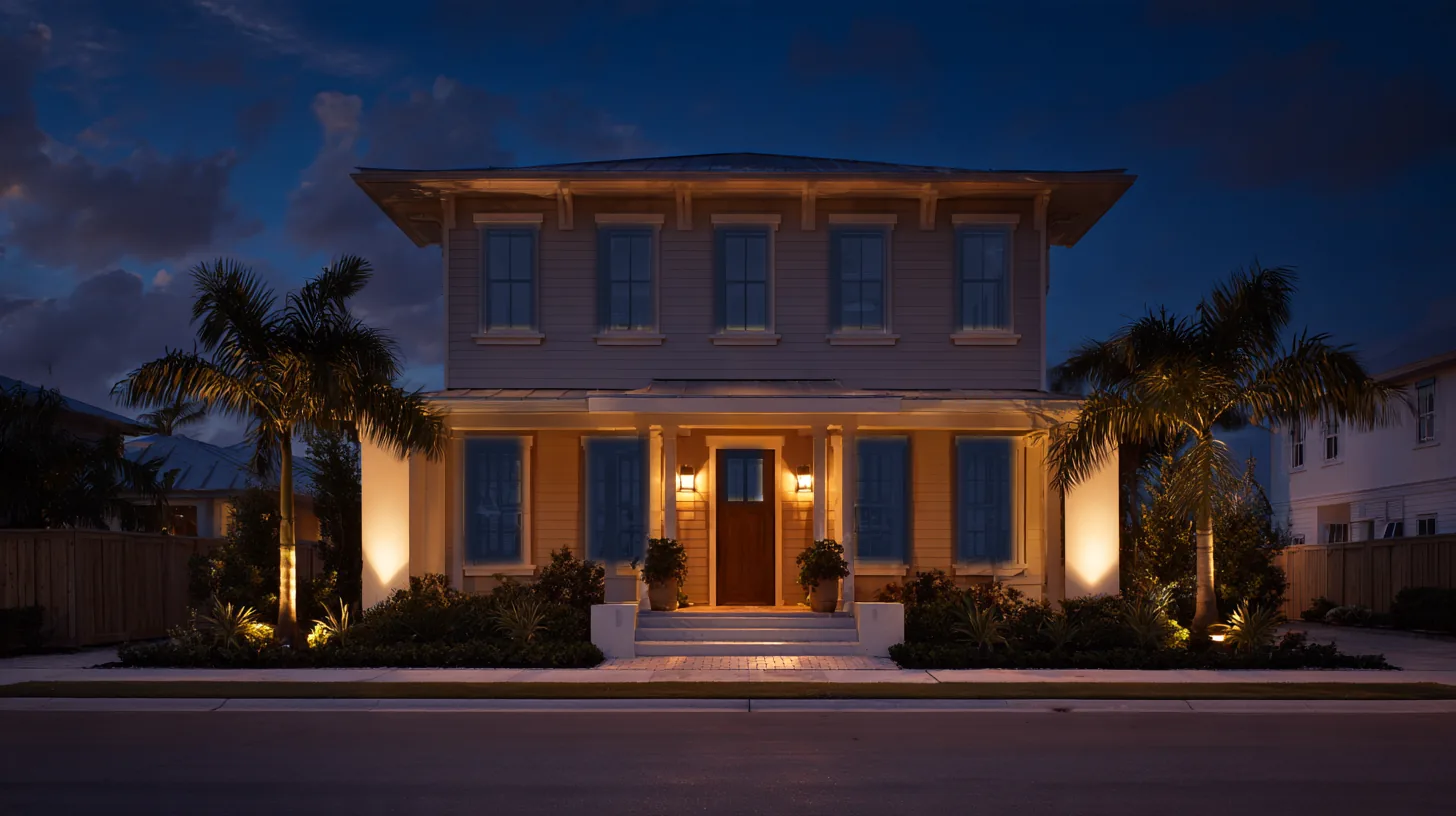 Front of a closed-up two-story Southwest Florida home at night, every window dark