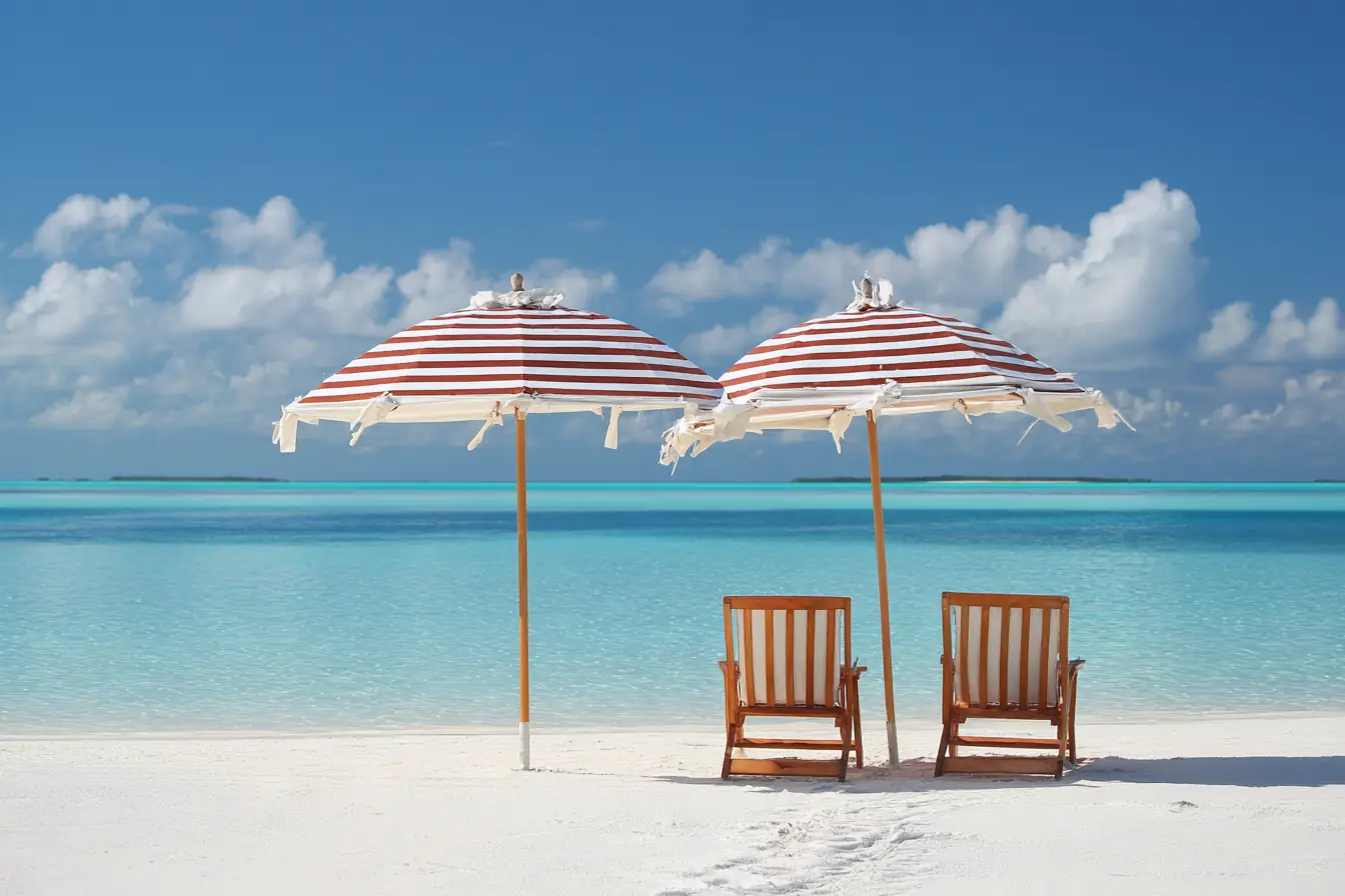 Two red-striped beach umbrellas over two wooden beach chairs on white sand before calm turquoise water