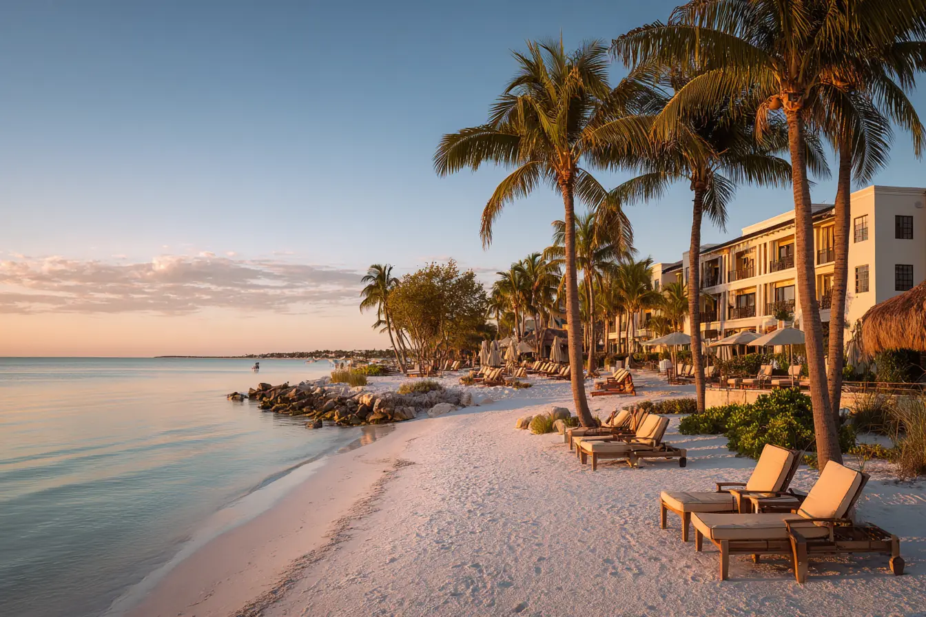 A low-rise beachfront hotel at golden hour, palms and lounge chairs on white sand before calm Gulf water