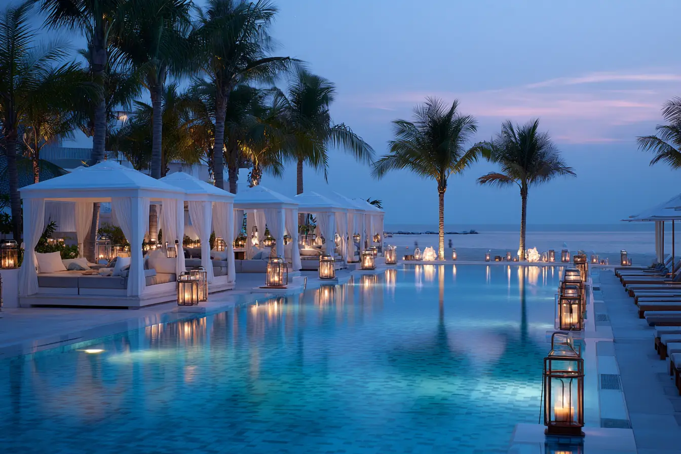 A quiet resort pool with cabanas and palms at dusk, the water lit turquoise