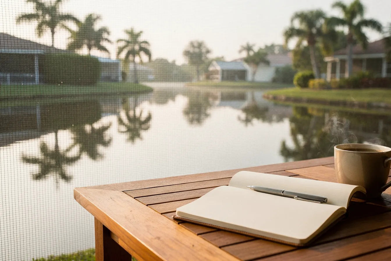 An open notebook, a pen and a cup of coffee on a teak table on a screened lanai overlooking a canal and palms