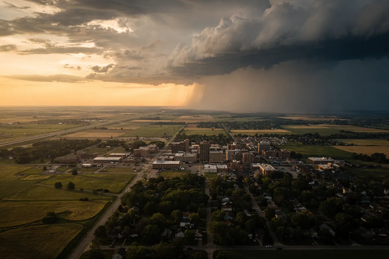 An aerial view of a Midwestern American city at dusk, golden light over its downtown and tree-lined neighborhoods while a towering storm front drops rain over the farmland to the east