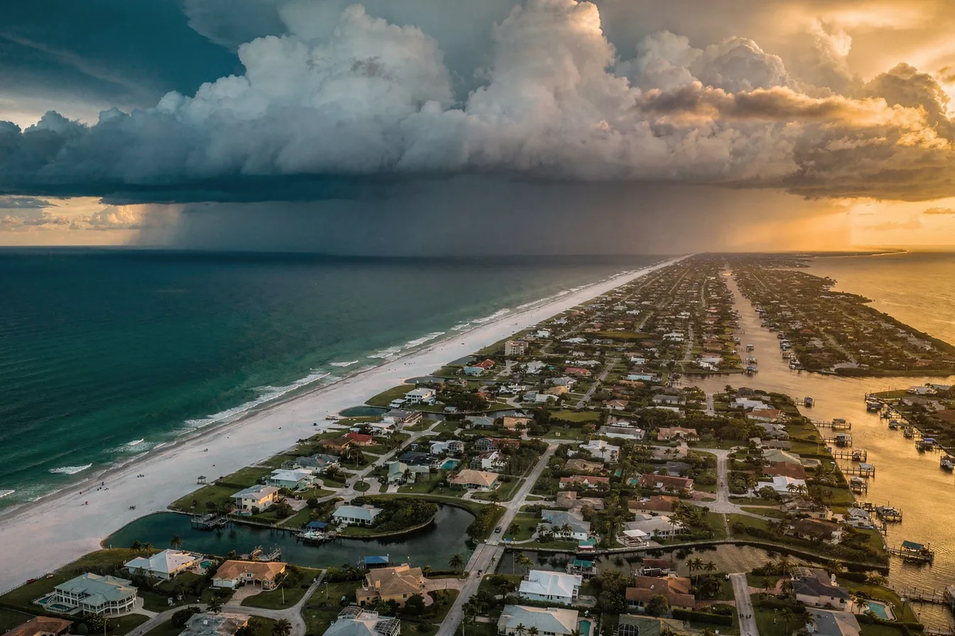An aerial view of the Southwest Florida Gulf coast at dusk, a storm front of towering clouds over the water and golden light on canal-front neighborhoods and a long white beach