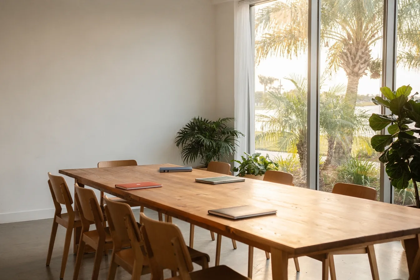 A long wooden worktable and chairs in a bright office with a tall window onto palms