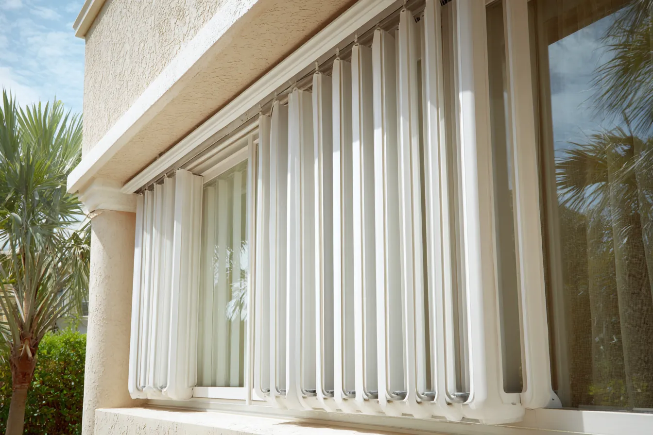 Accordion storm shutters folded open beside a window on a cream stucco Florida home