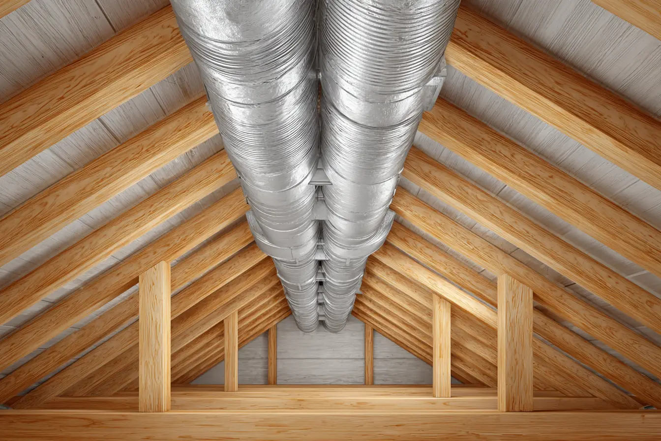 Insulated silver ductwork running along the ridge of a clean, well-lit attic between new wooden trusses