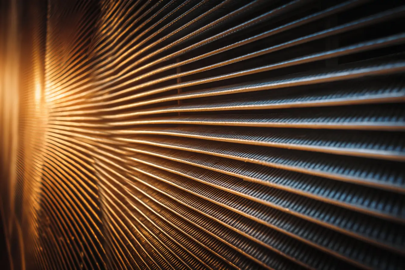 Close view of the aluminum fins of an air conditioning coil, low light raking across them