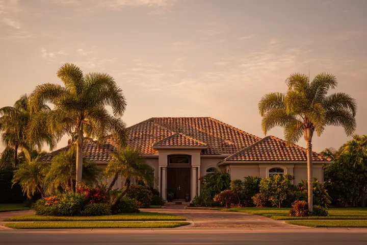 A tile-roofed Southwest Florida home in late afternoon under a hot hazy sky, palms still, heat shimmer over the street