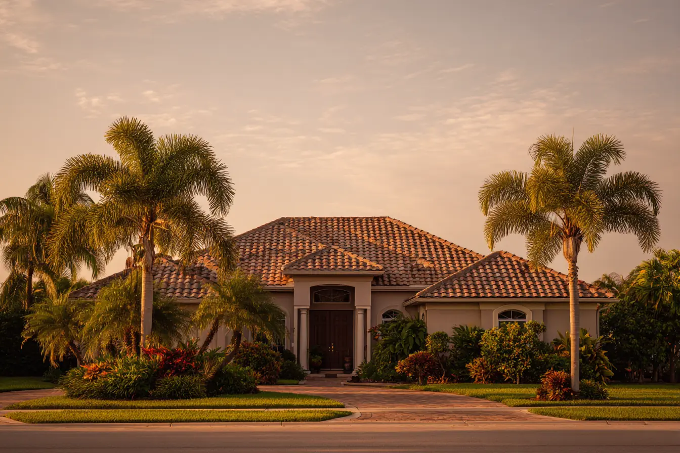A tile-roofed Southwest Florida home in late afternoon under a hot hazy sky, palms still, heat shimmer over the street