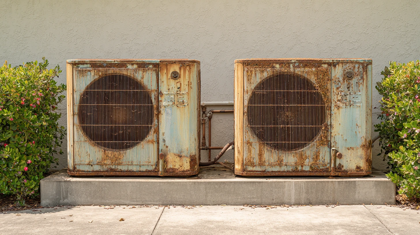 Two old, rusted air conditioning condensers on a concrete pad beside a cream stucco wall, seen straight-on