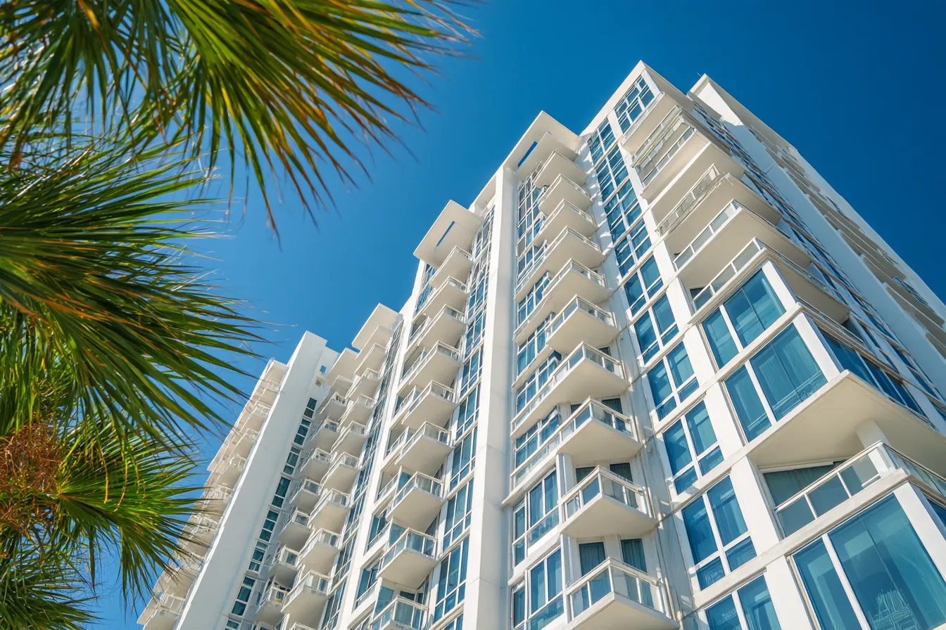 Low view of a white condominium tower with rows of glass windows and balconies, palm fronds in the foreground