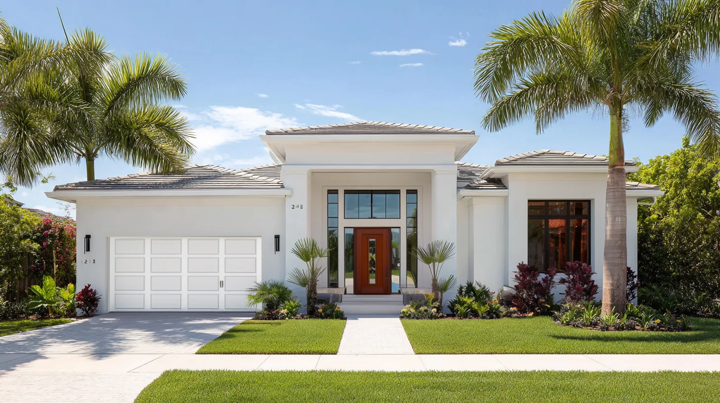 Front of a white stucco Florida home with its original openings: bronze single-pane windows, an old front door and a dented metal garage door