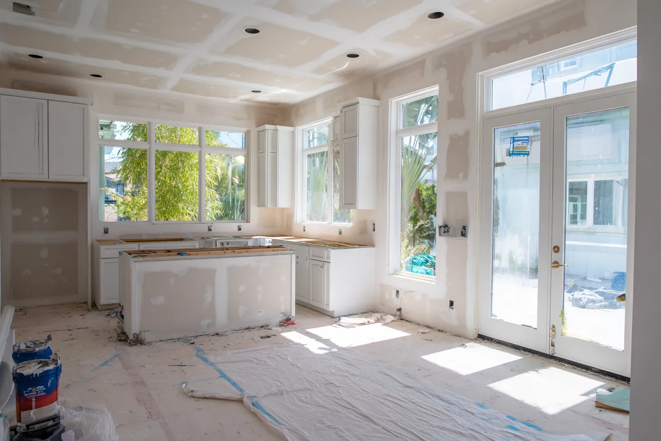 Kitchen mid-remodel with bare drywall, unfinished cabinets, new windows and French doors with a label still on the glass