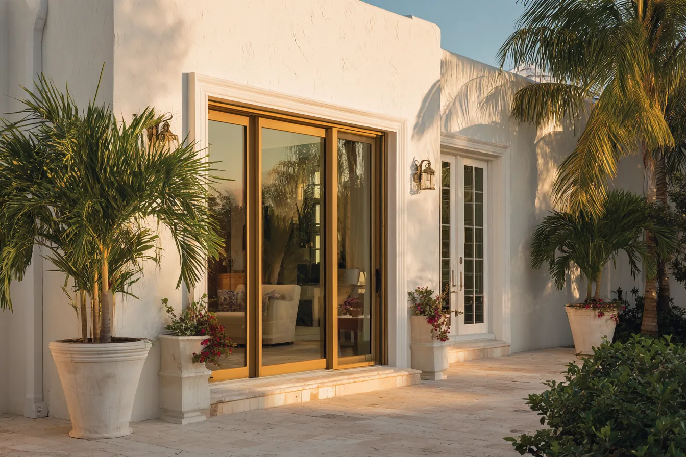 Bronze-framed sliding glass door on a white stucco Florida home, with potted palms on a stone patio