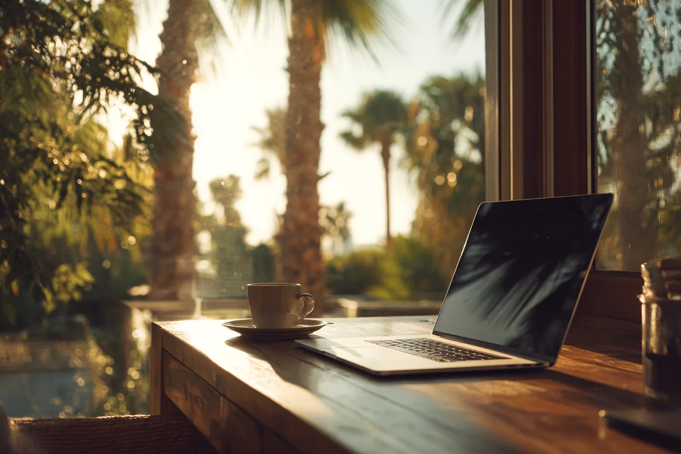 An open laptop and a cup of coffee on a wooden desk by a window onto palms