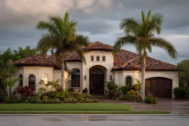 A cream stucco Southwest Florida home with a barrel tile roof and palms under a clearing sky after rain