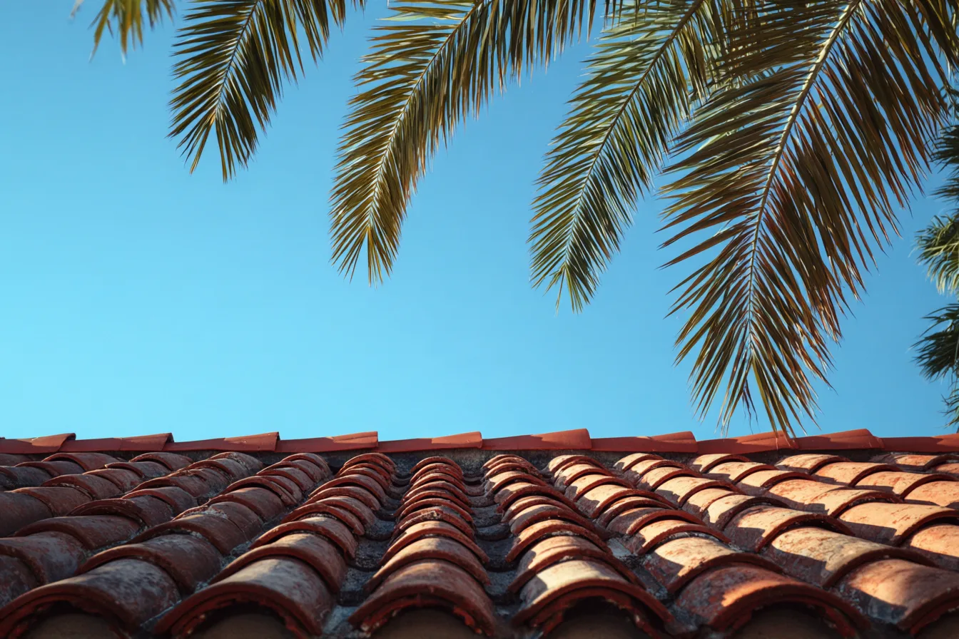 Barrel roof tiles against a deep blue sky under a palm frond