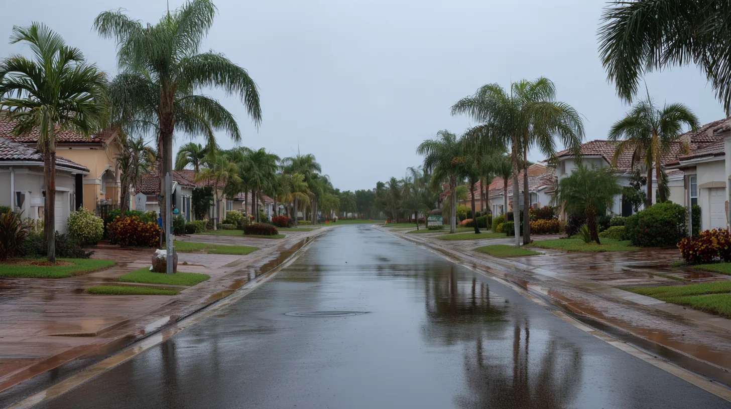 A quiet Southwest Florida street of stucco homes with tile roofs and palms, wet after rain under an overcast sky