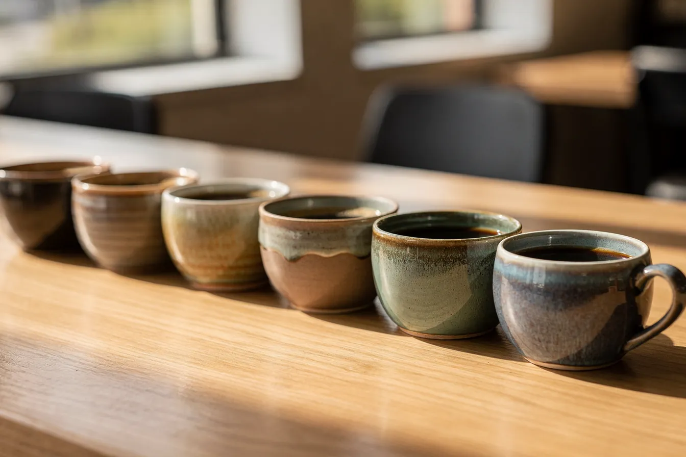 Small coffee cups of different shapes and glazes lined up on a sunlit cafe counter