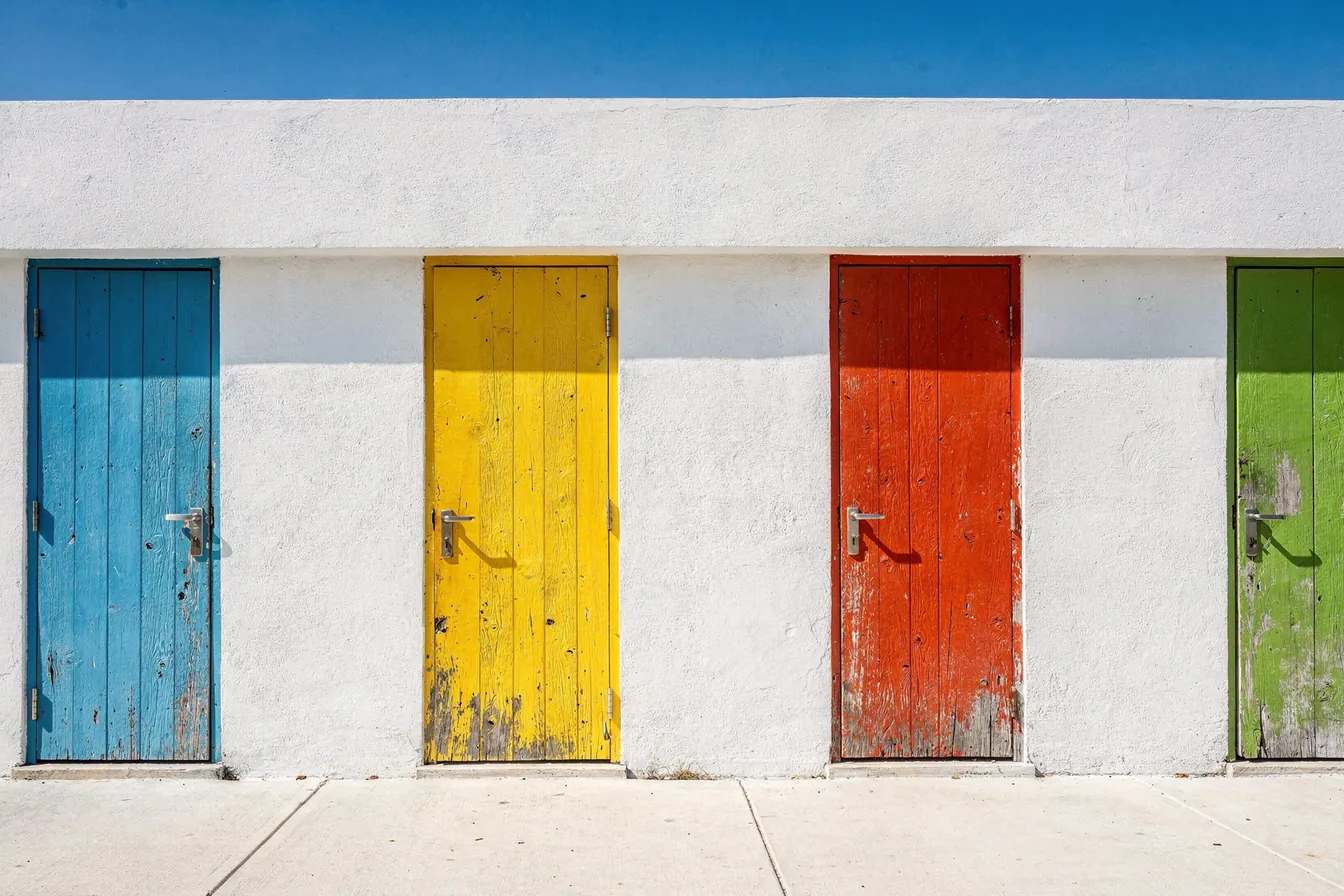 A row of brightly painted wooden doors along a plain whitewashed wall in sunlight