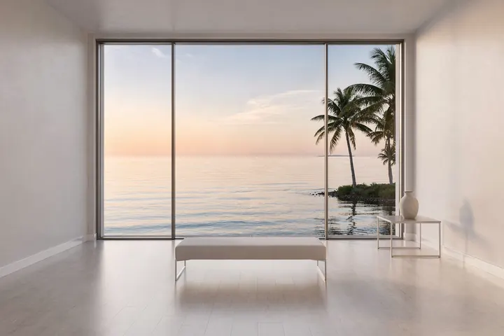 A bright, empty room with a wide window looking out over a calm sea at dawn, palms at the edge
