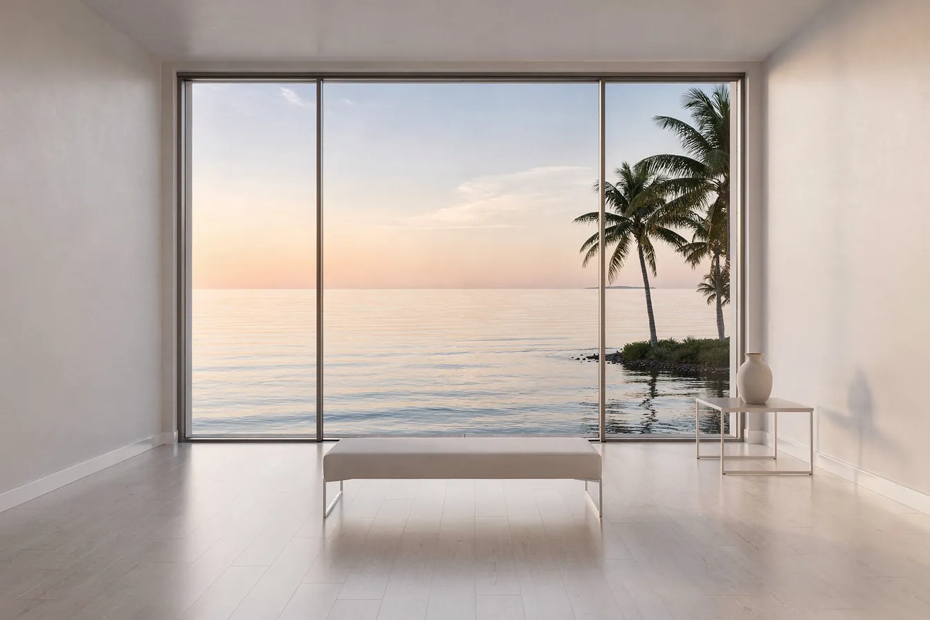 A bright, empty room with a wide window looking out over a calm sea at dawn, palms at the edge