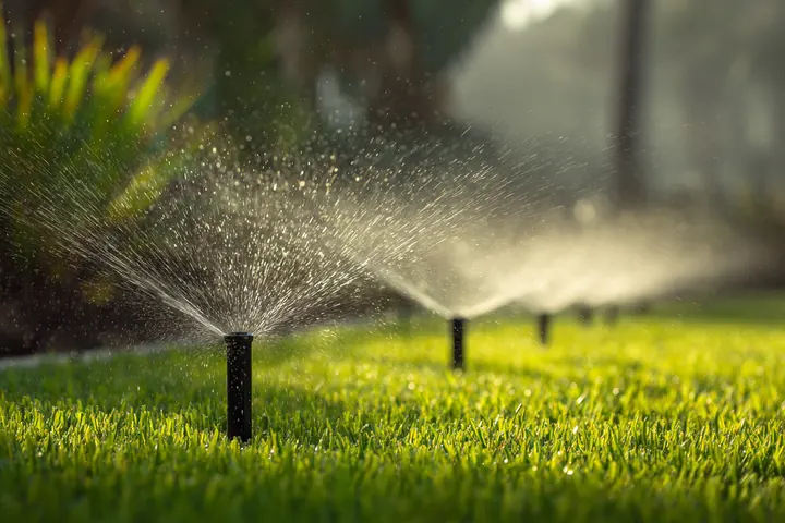 Pop-up sprinklers watering a green lawn in early light