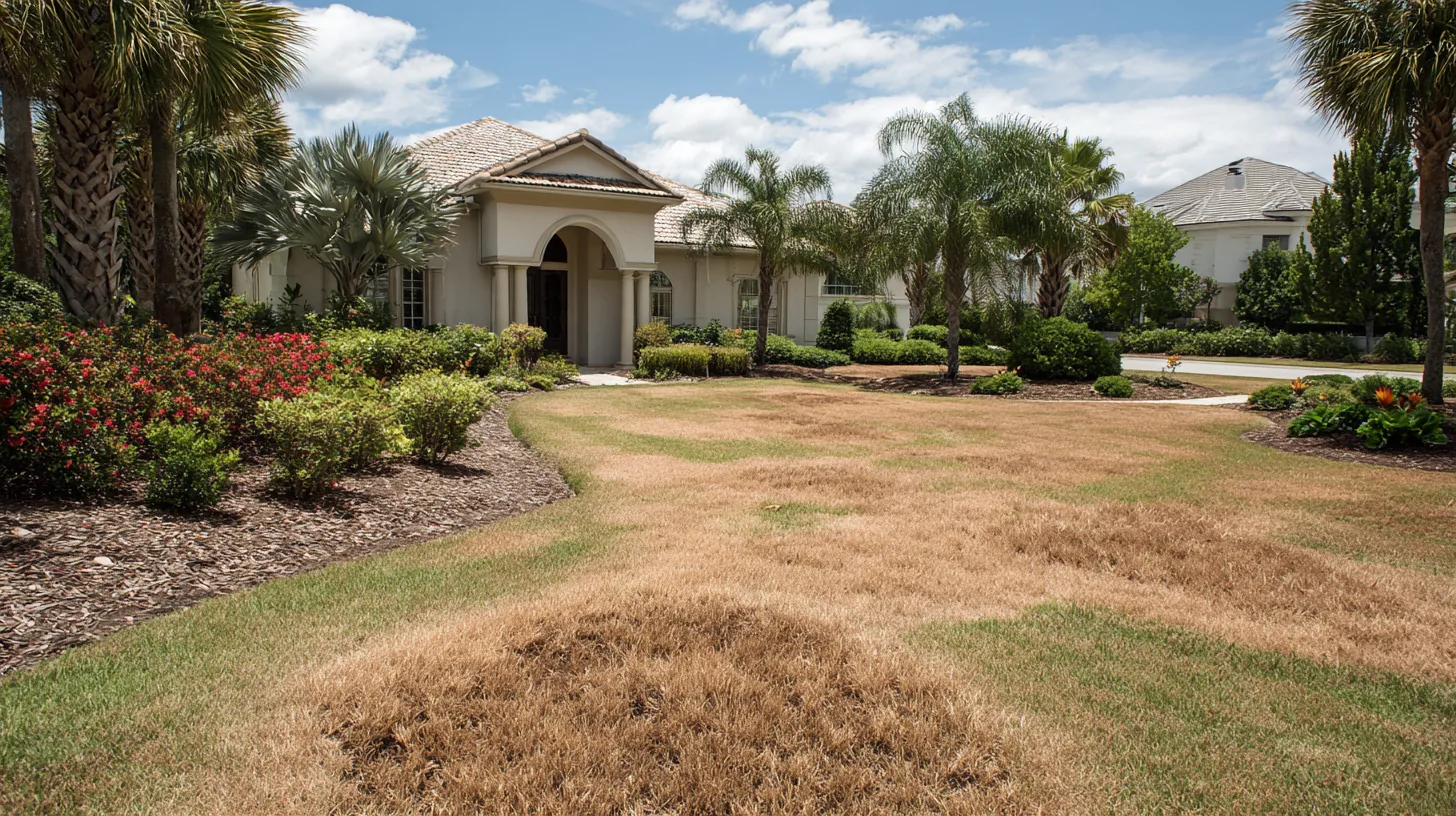 Front lawn of a single-story Southwest Florida home with large brown, dry patches across the grass between flowering beds