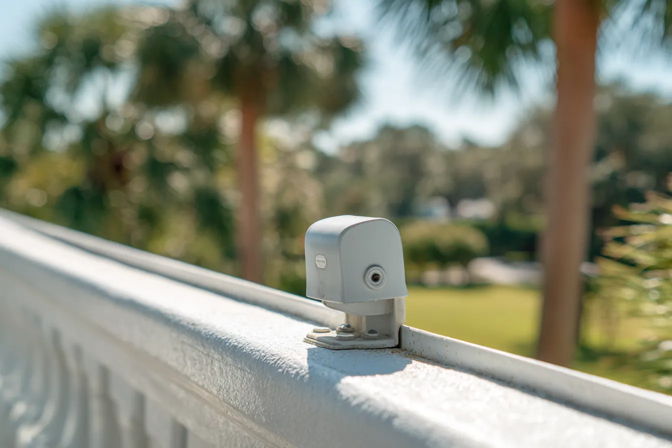 Close view of a small rain sensor clipped to the edge of a white roof gutter, a green lawn and palms soft in the background