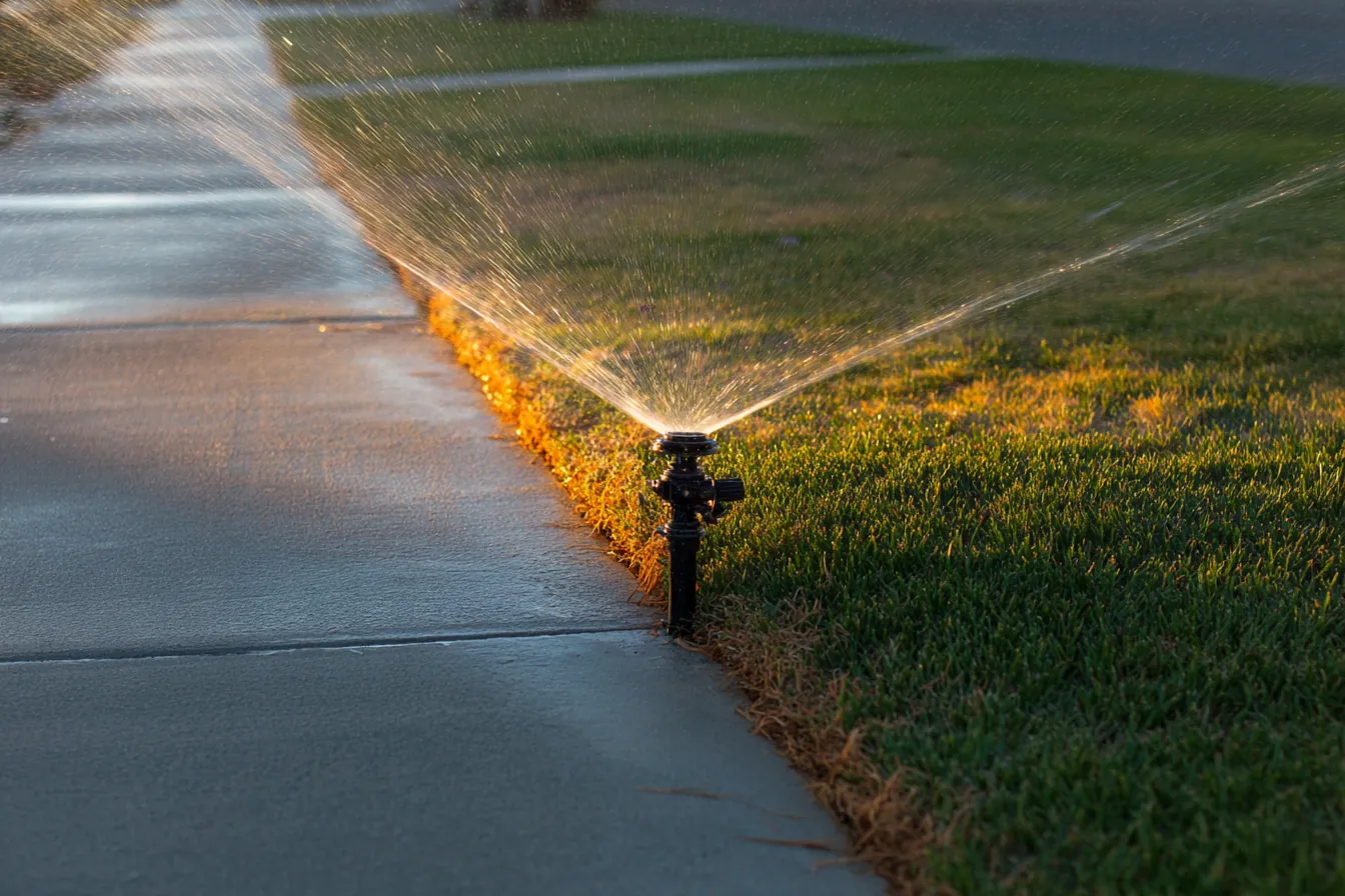 A pop-up sprinkler spraying at first light beside a concrete walk with orange rust stains along its edge