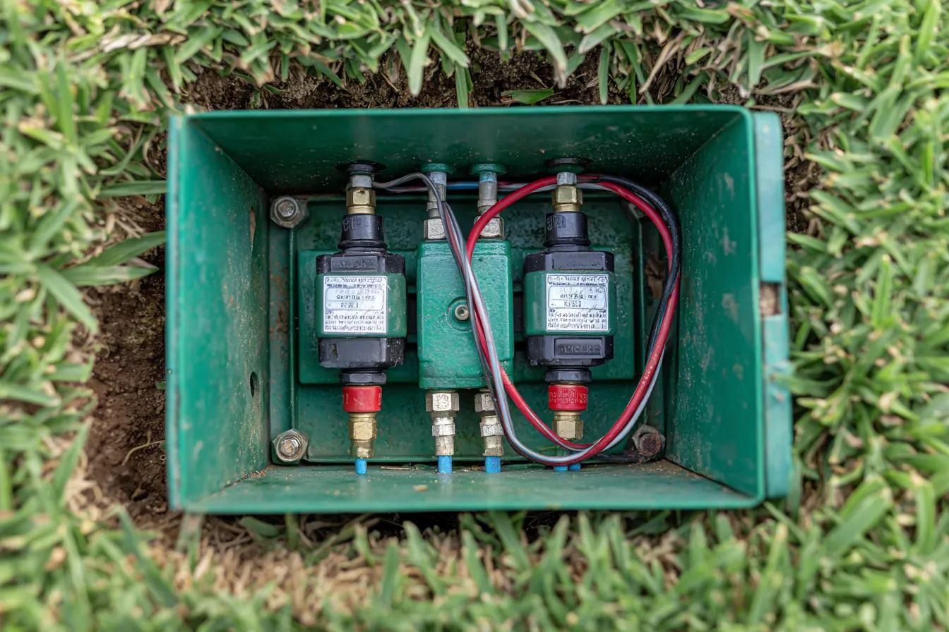 An open irrigation valve box set in green St. Augustine grass, with valves, fittings and colored control wires inside