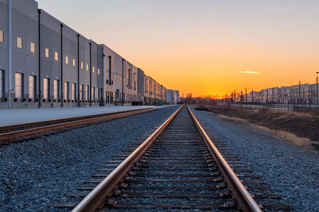 A freight rail yard beside long warehouses at dawn, stacked shipping containers and calm morning light