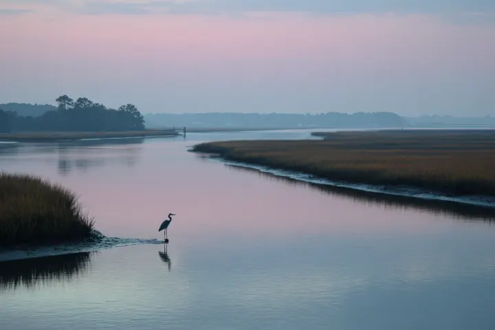 A wide river at dawn winding past a generic downtown skyline, a low bridge in the distance and calm water in front