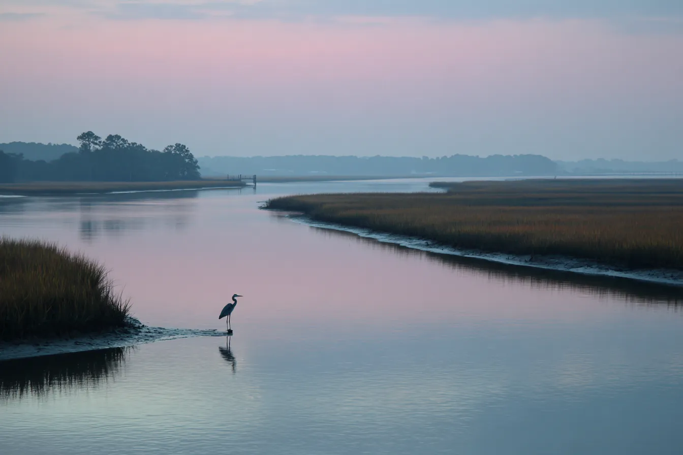 A wide river at dawn winding past a generic downtown skyline, a low bridge in the distance and calm water in front