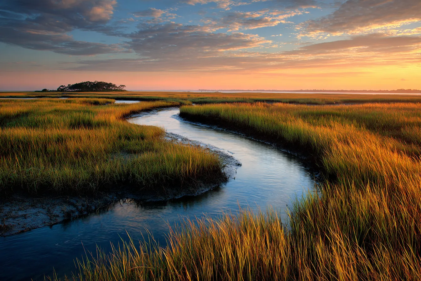 A tidal salt marsh at sunrise with winding creeks through golden grass under a wide sky