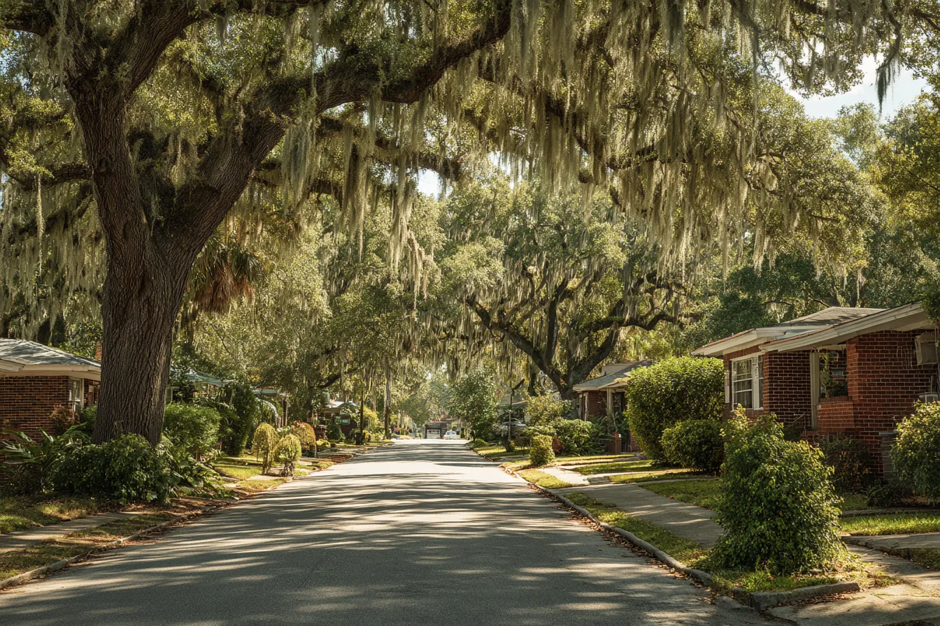 A quiet historic street of brick bungalows under live oaks hung with Spanish moss