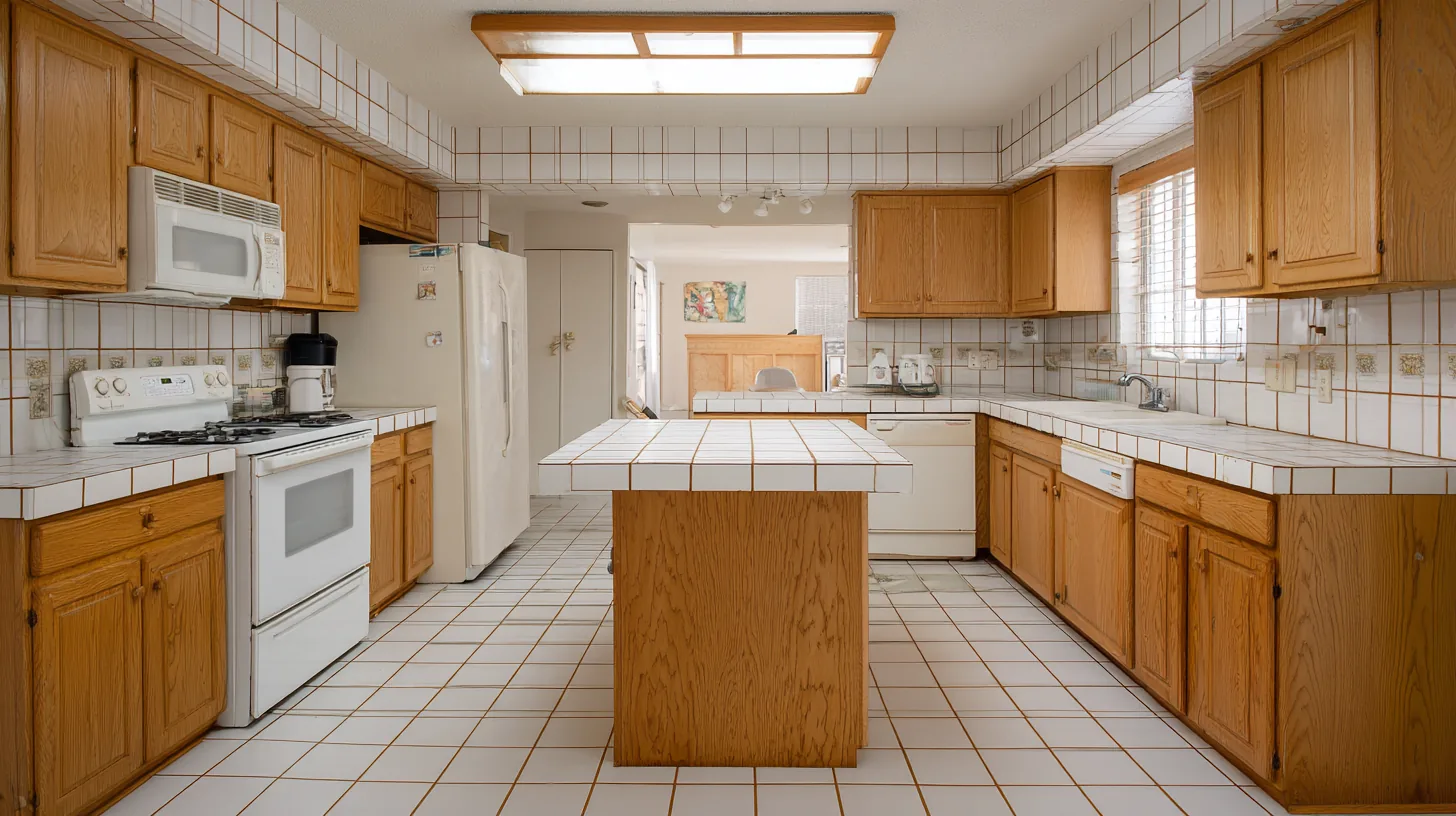 A dated Southwest Florida kitchen seen straight on: golden oak cabinets, white tile countertops with brown grout lines, an old white range and refrigerator, and an oak island with a tile top