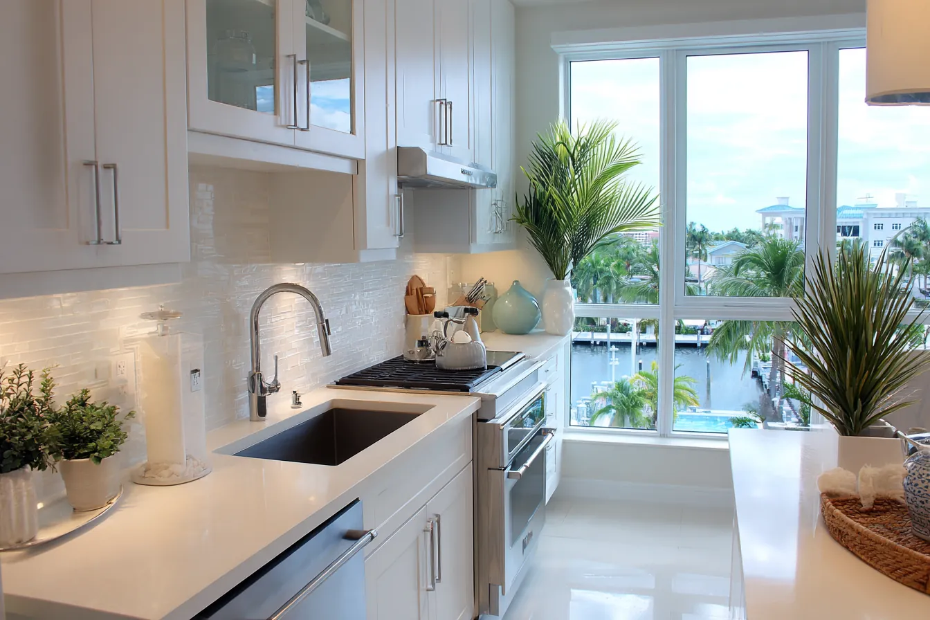 Bright condominium kitchen with white cabinets and a wide window looking out over palm trees and calm water