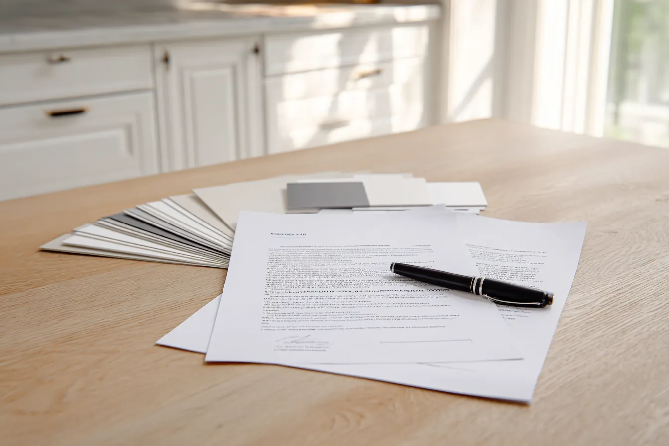A printed contract with blank signature lines, a pen and a few cabinet door samples on a light wood kitchen table
